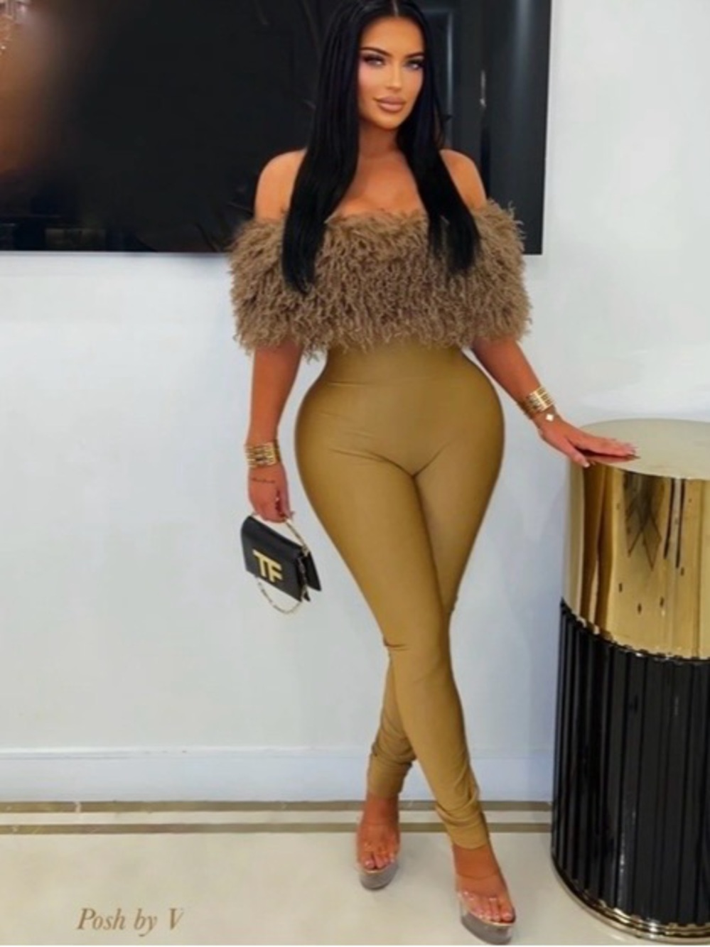 Posh by V High-Waist Slim Leg Jumpsuit in Olive Brown